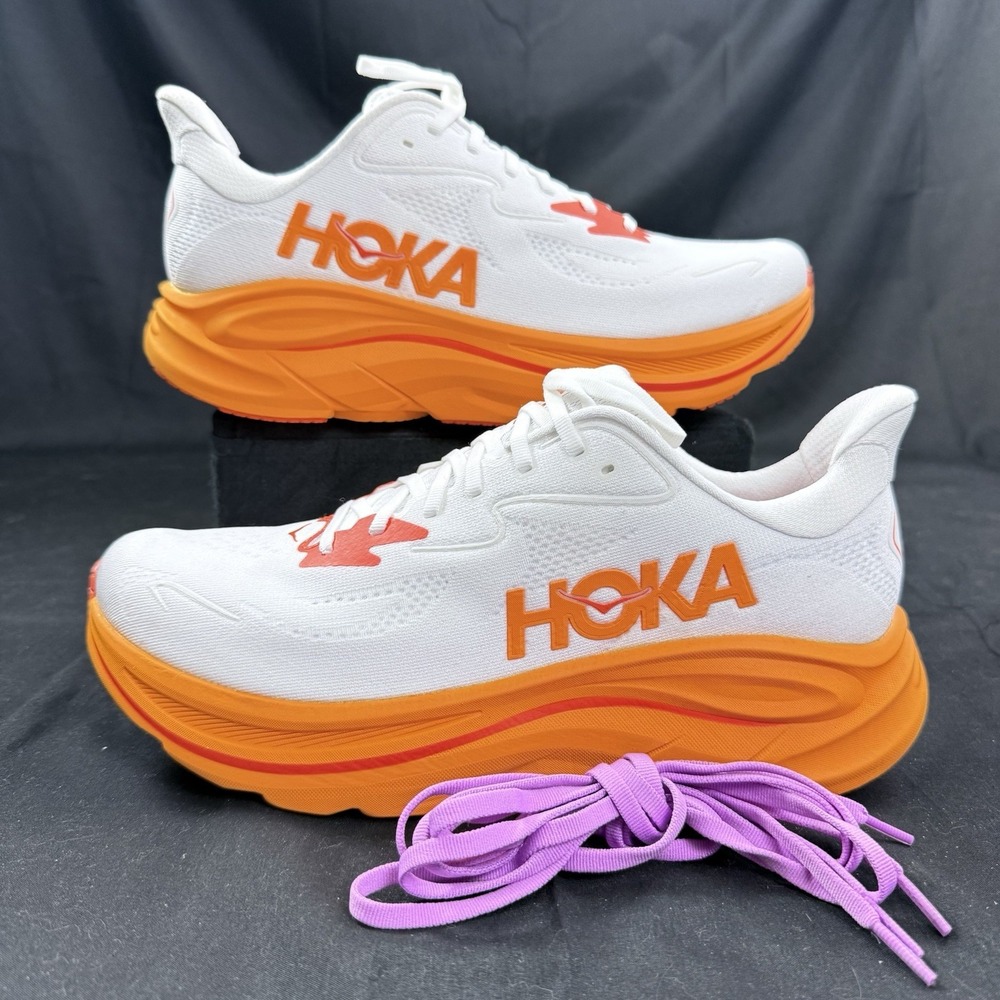 Hoka One One Clifton 10 White Orange Running Shoes 1162030-FGZ Men's Size 11 D